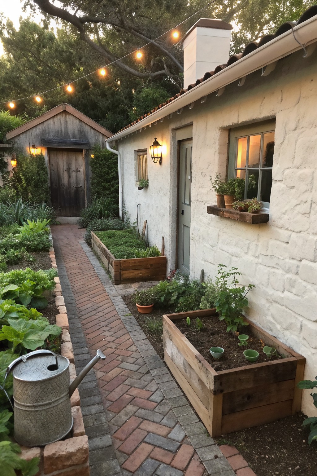 A white stucco house exterior with wooden raised garden beds, a brick pathway, potted plants on a windowsill, and a wooden shed in the background.