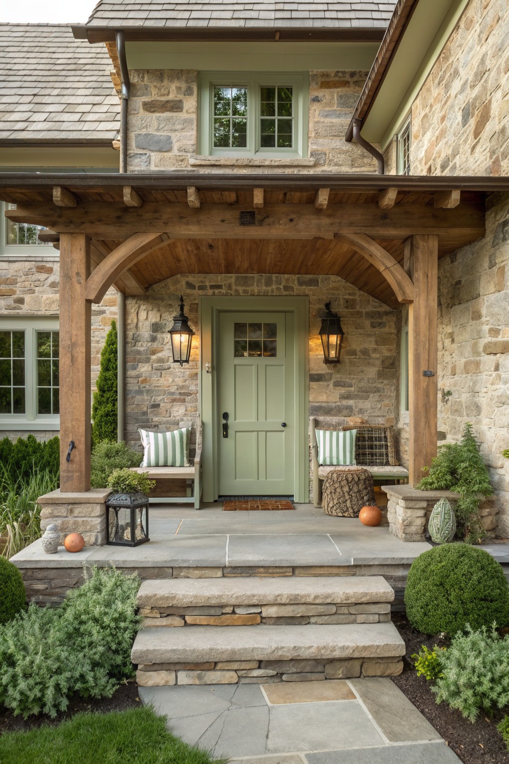 Stone farmhouse entrance with a sage green door, wooden porch structure, two benches, and stone steps.