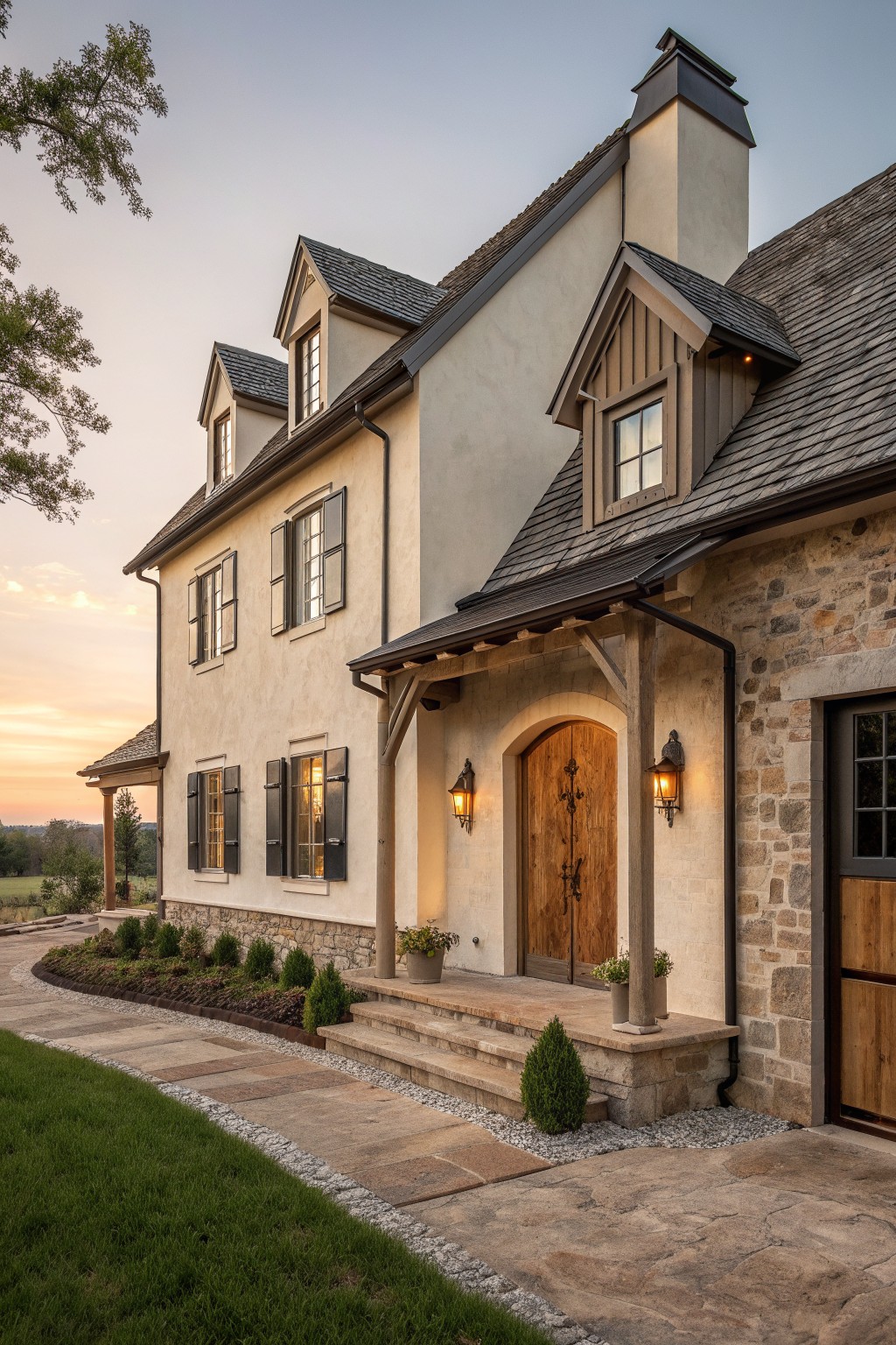 A two-story farmhouse with stucco walls above a stone foundation, a wooden front door under a stone arch, black shutters on the windows, and a sloped roof at dusk.