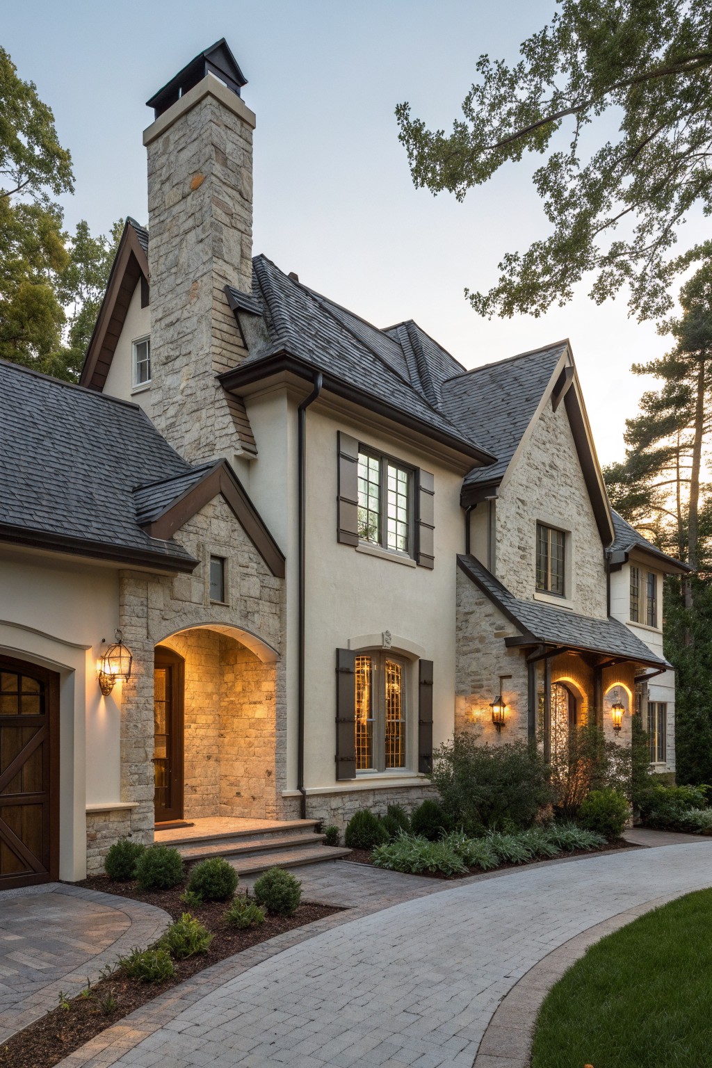 A two-story stone and stucco farmhouse exterior with a tall stone chimney, dark shutters, arched entry, and brick driveway at dusk.