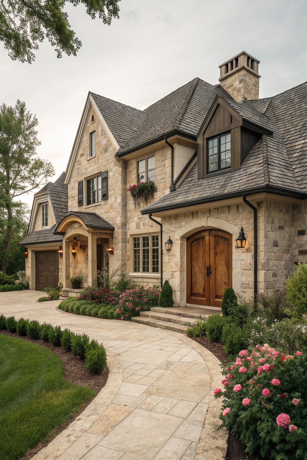 A two-story stone farmhouse exterior with dark wood doors and shutters, multiple gables, and a curved stone walkway lined with pink flowers.