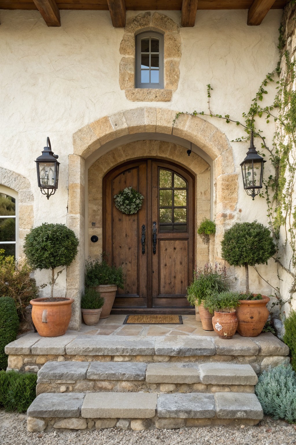 Stone steps ascend to arched wooden doors with lanterns and terracotta potted plants.