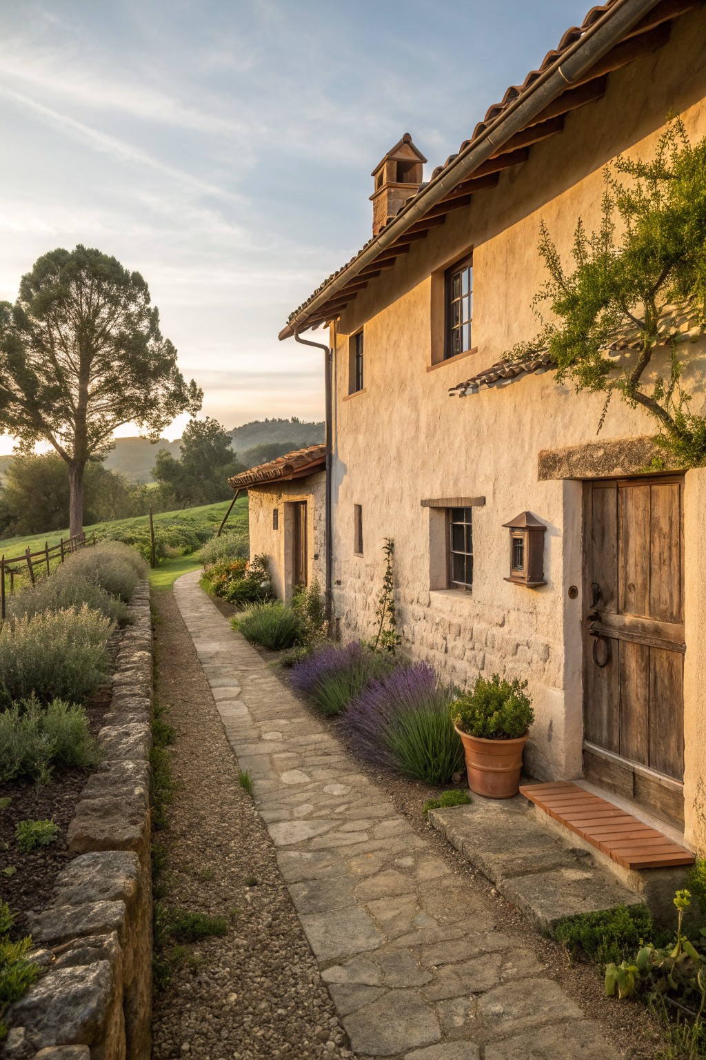 Rustic stone house with wooden door and lavender bushes lining a stone pathway