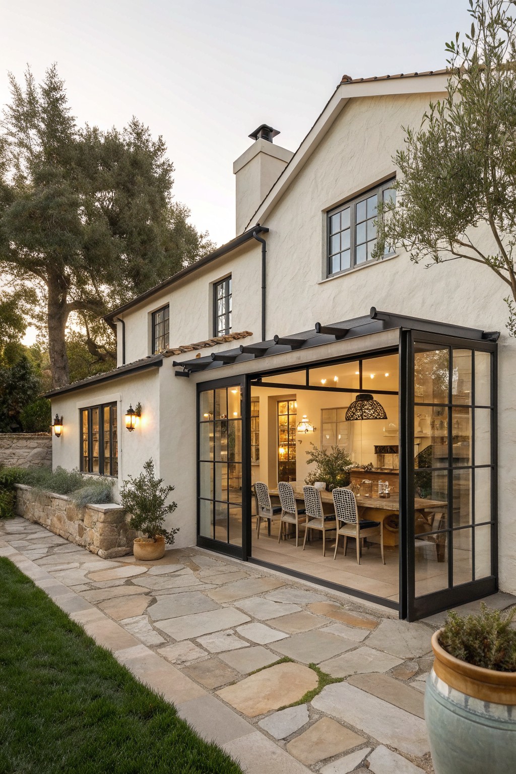 A white stucco house exterior with a low stone retaining wall, black-framed windows and doors, and a stone patio leading to an open glass dining area.