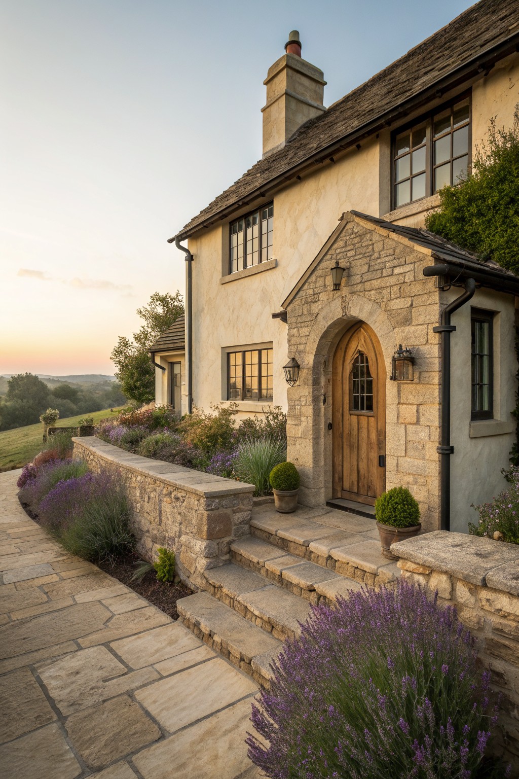 A two-story stone and stucco house exterior featuring an arched wooden entry door, stone chimney, and stone steps bordered by lavender and shrubs.