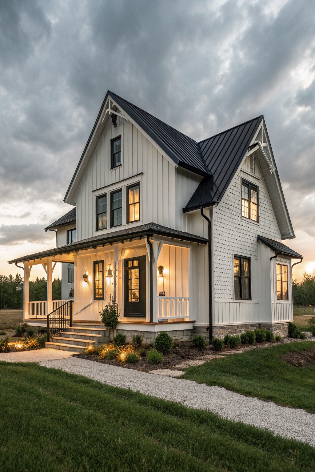 White two-story farmhouse with black roof, glowing windows, and lit porch at dusk