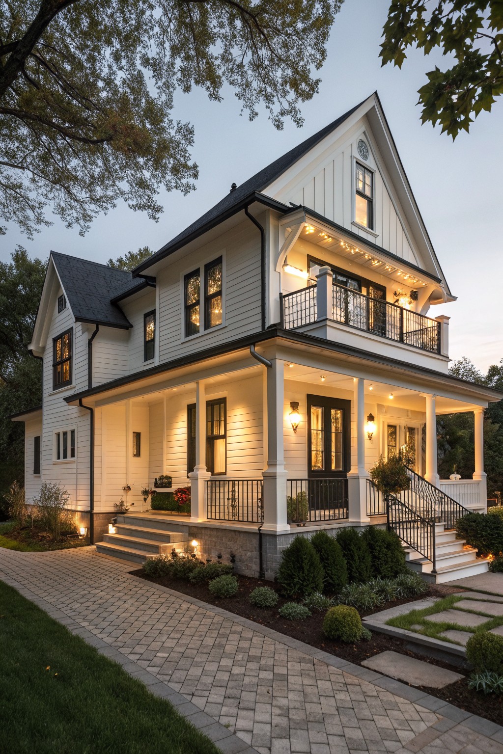A two-story white Victorian farmhouse exterior with dark trim, black railings on the porch and balcony, and string lights along the upper level.