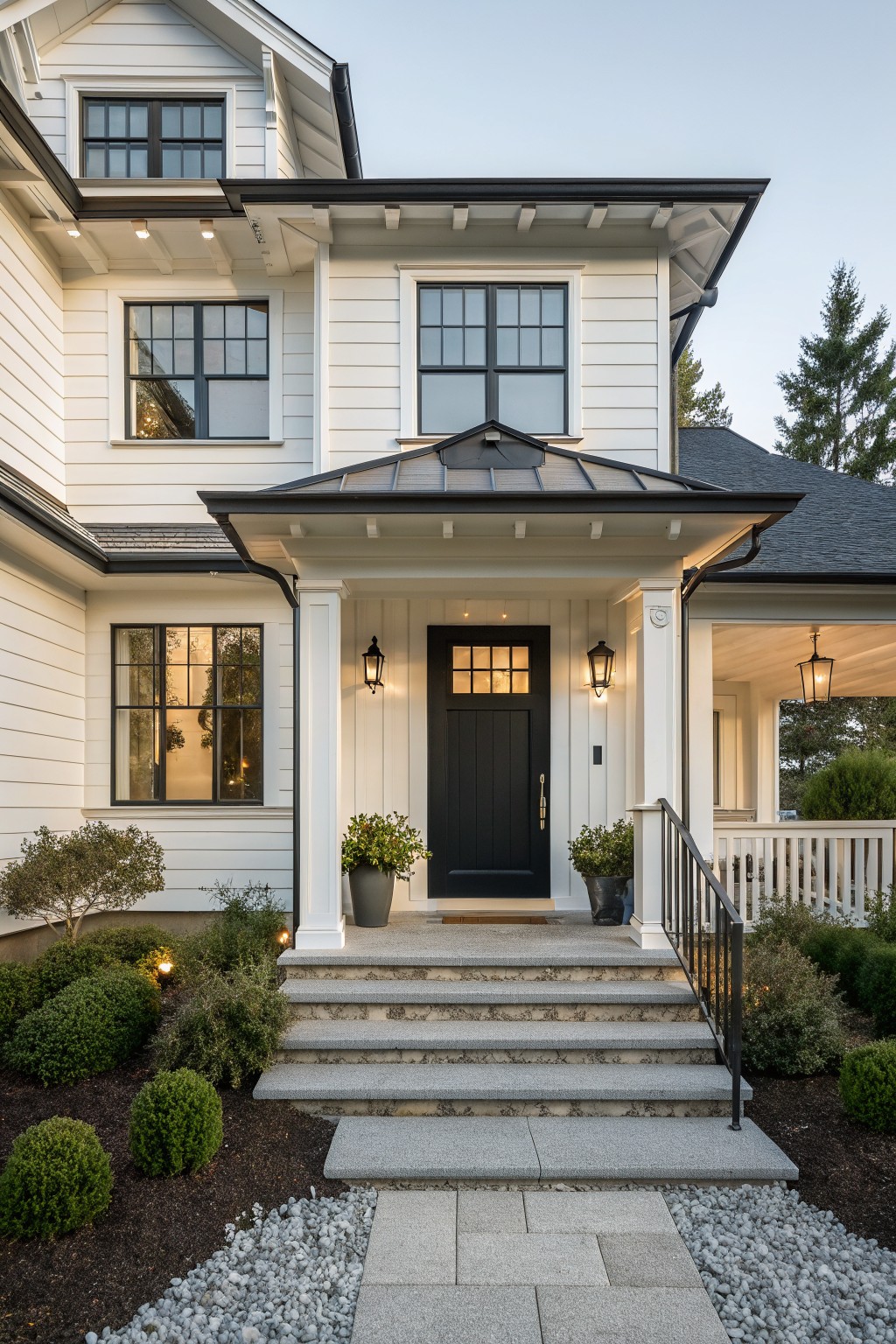 White house with black door, covered porch, stone steps, and flanking lanterns.