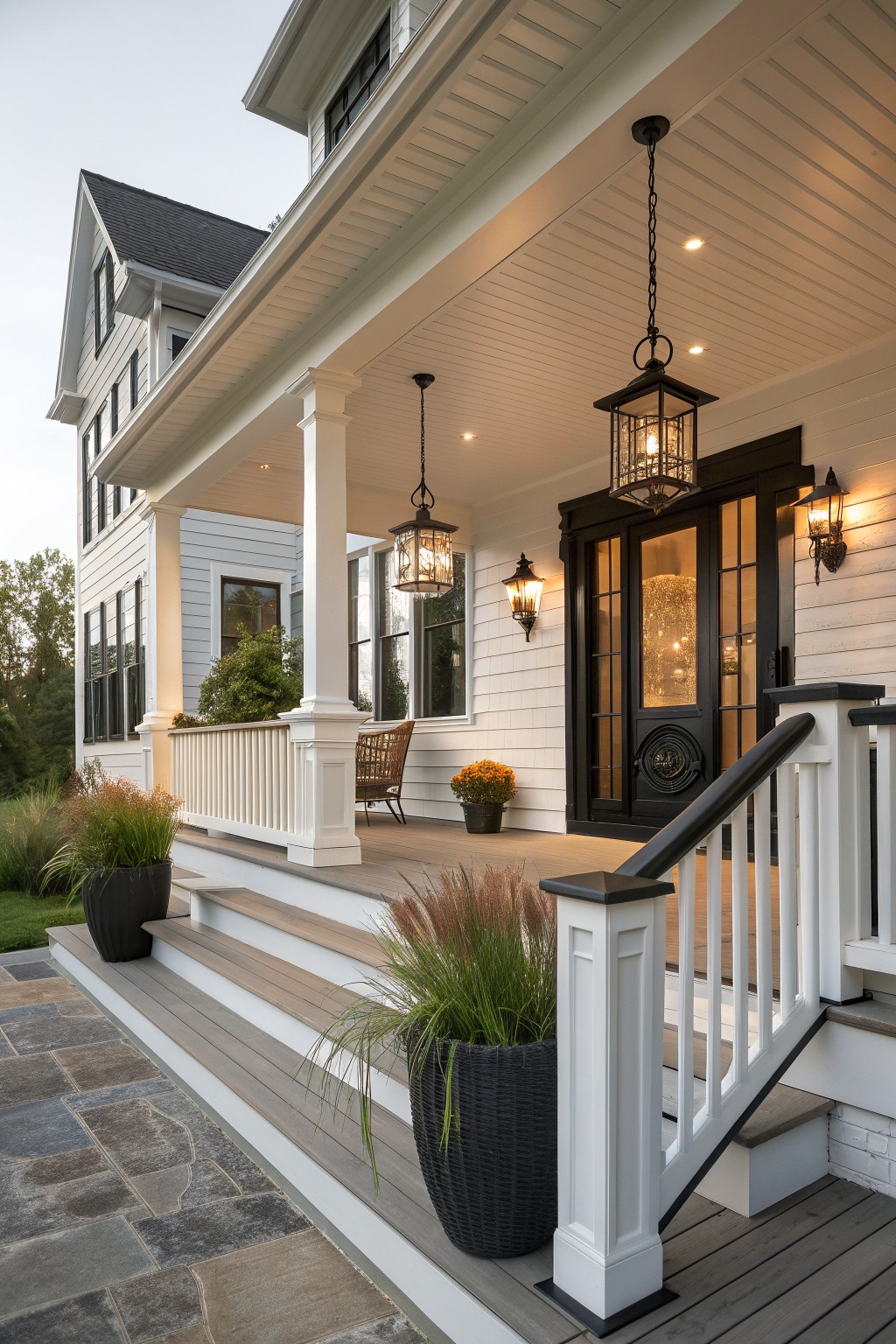 White house porch with black door, hanging lanterns, wooden steps, and potted plants.