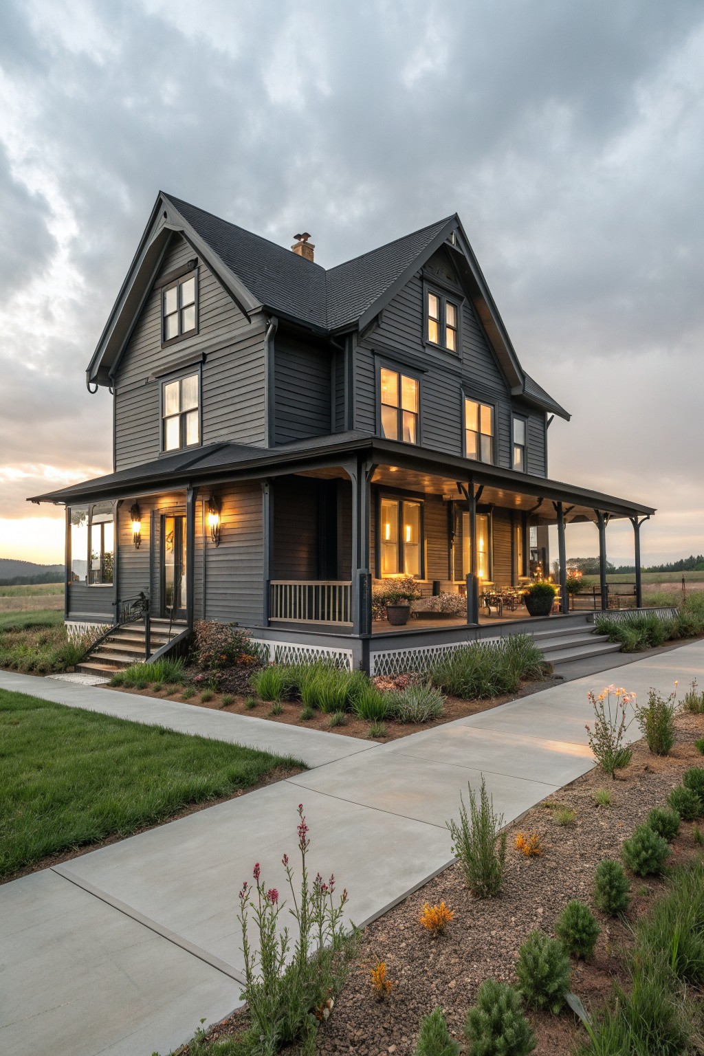Large two-story dark gray farmhouse with lit wraparound porch at twilight in countryside.