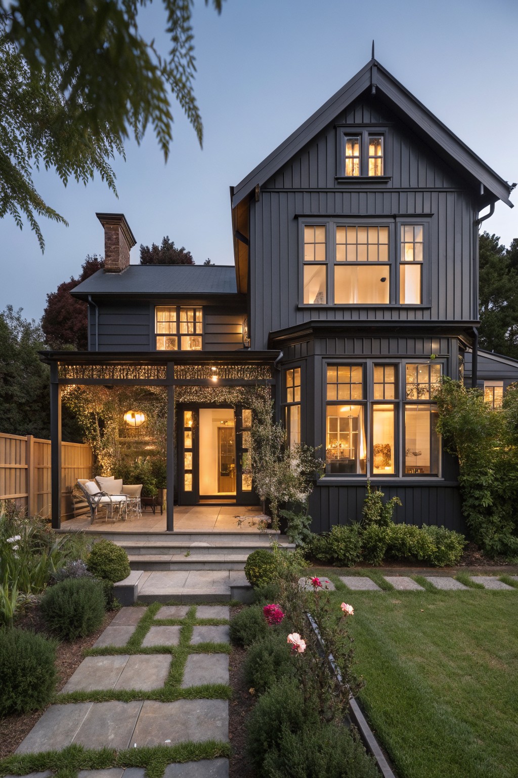 A two-story dark gray Victorian farmhouse at dusk with multiple lit windows, a covered front porch, stone pathway, and landscaped front yard.