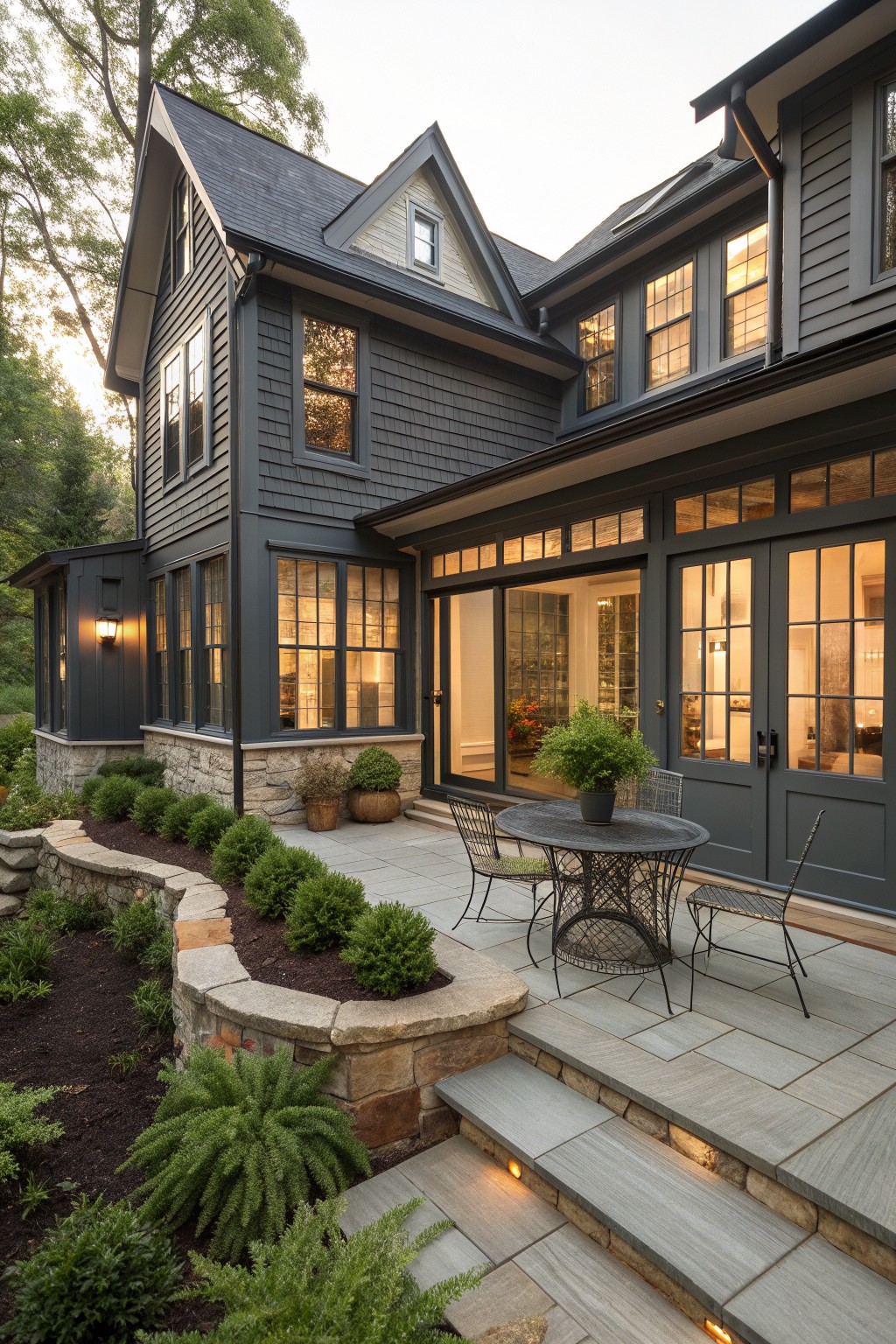 A dark gray Victorian farmhouse exterior with stone foundation, large windows, gabled roof, and attached stone patio with round table and chairs.