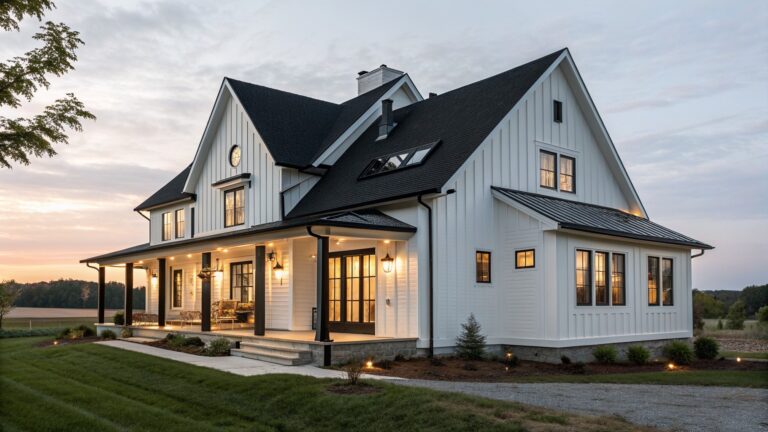 20 Bold Modern Victorian Farmhouse Exteriors That Blend Historic and Contemporary Details White two-story farmhouse with black roof, glowing windows, and lit porch at dusk