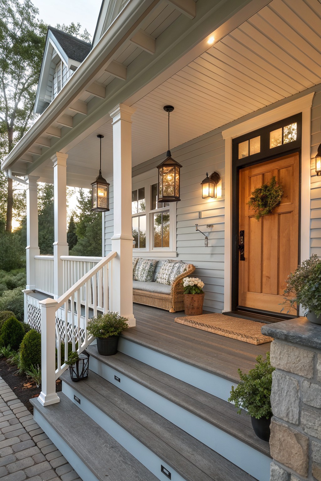 Charming porch with wooden door, hanging lanterns, wicker bench, and potted plants at dusk