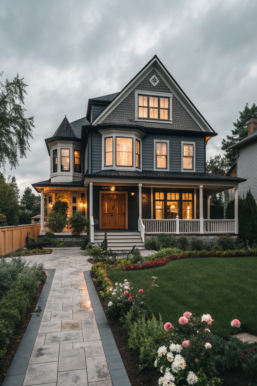 A two-story modern Victorian farmhouse with dark blue-gray siding, a prominent front gable, white trim, a wooden front door, and a covered porch with steps leading to a stone path.