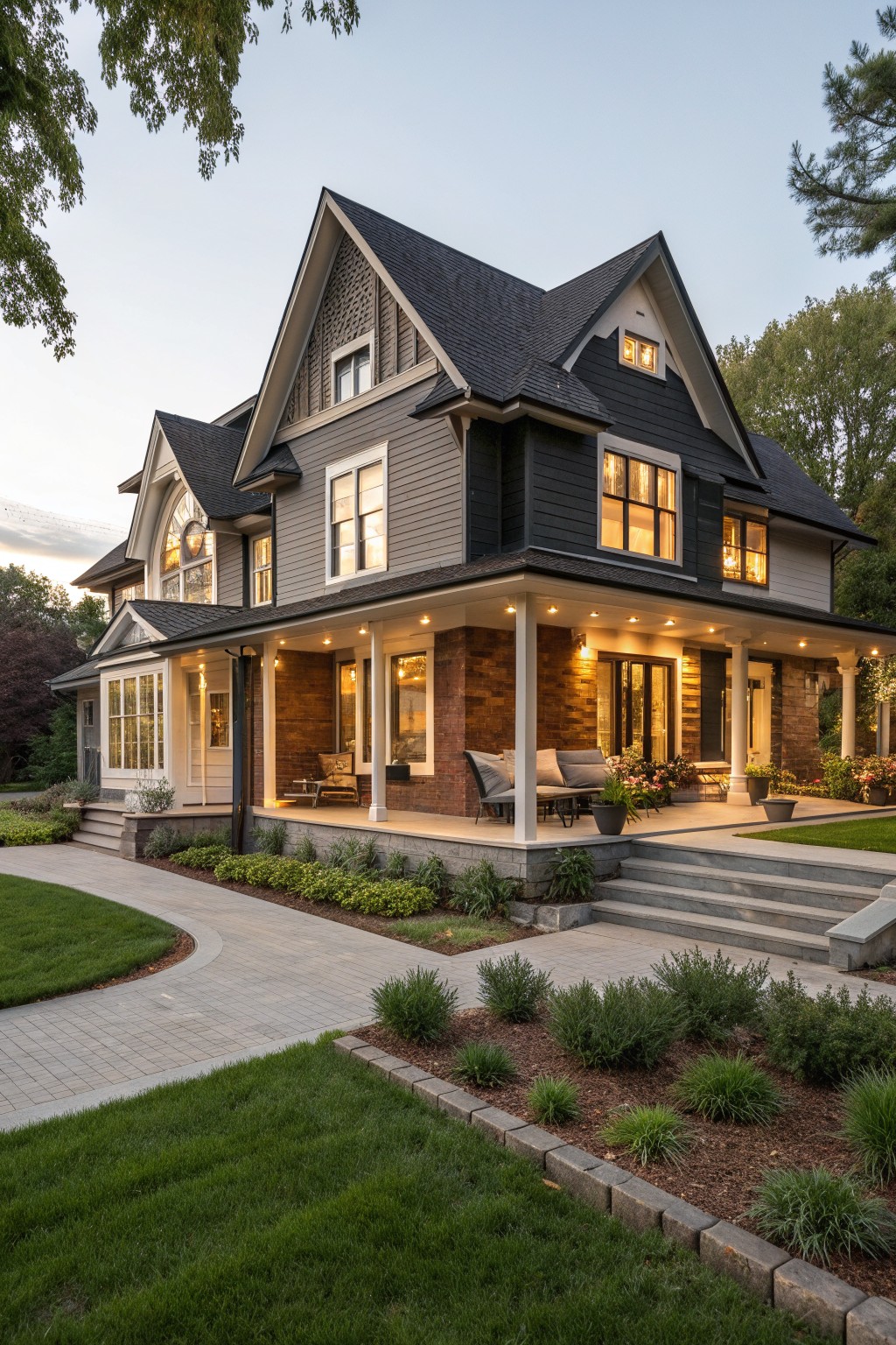 Dark gray two-story house with lit windows, white porch, and landscaped lawn at dusk.