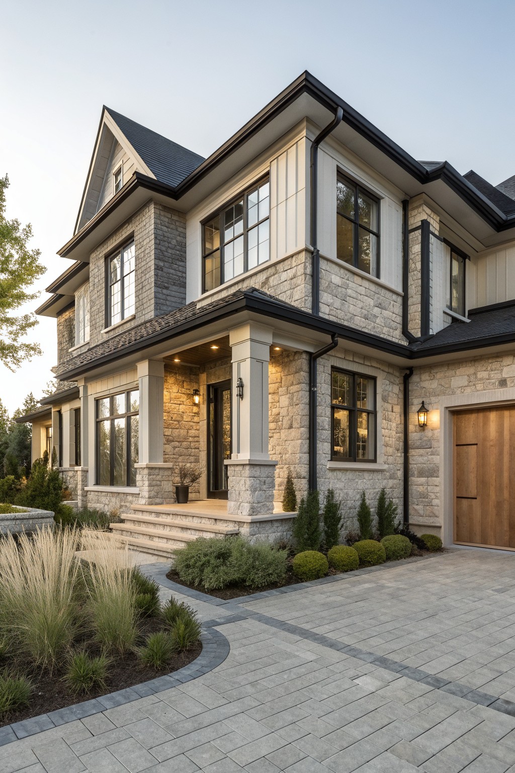 Modern two-story stone house with white trim, porch columns, and landscaped driveway.
