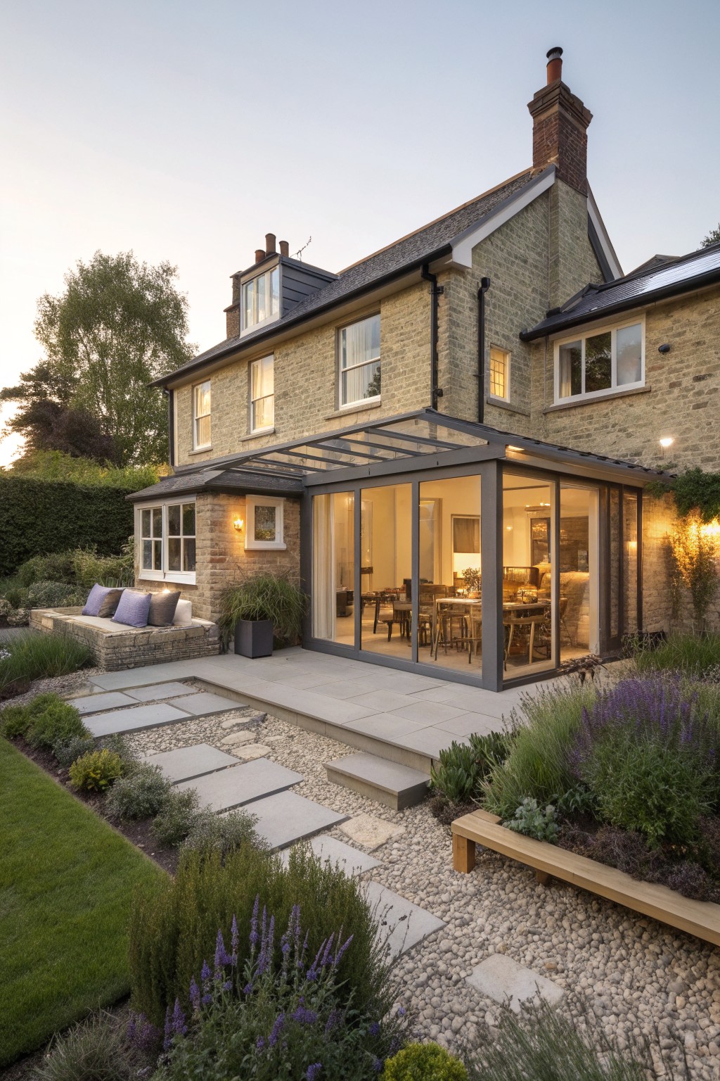 Stone house with glass extension, patio, and lush garden with lavender at dusk
