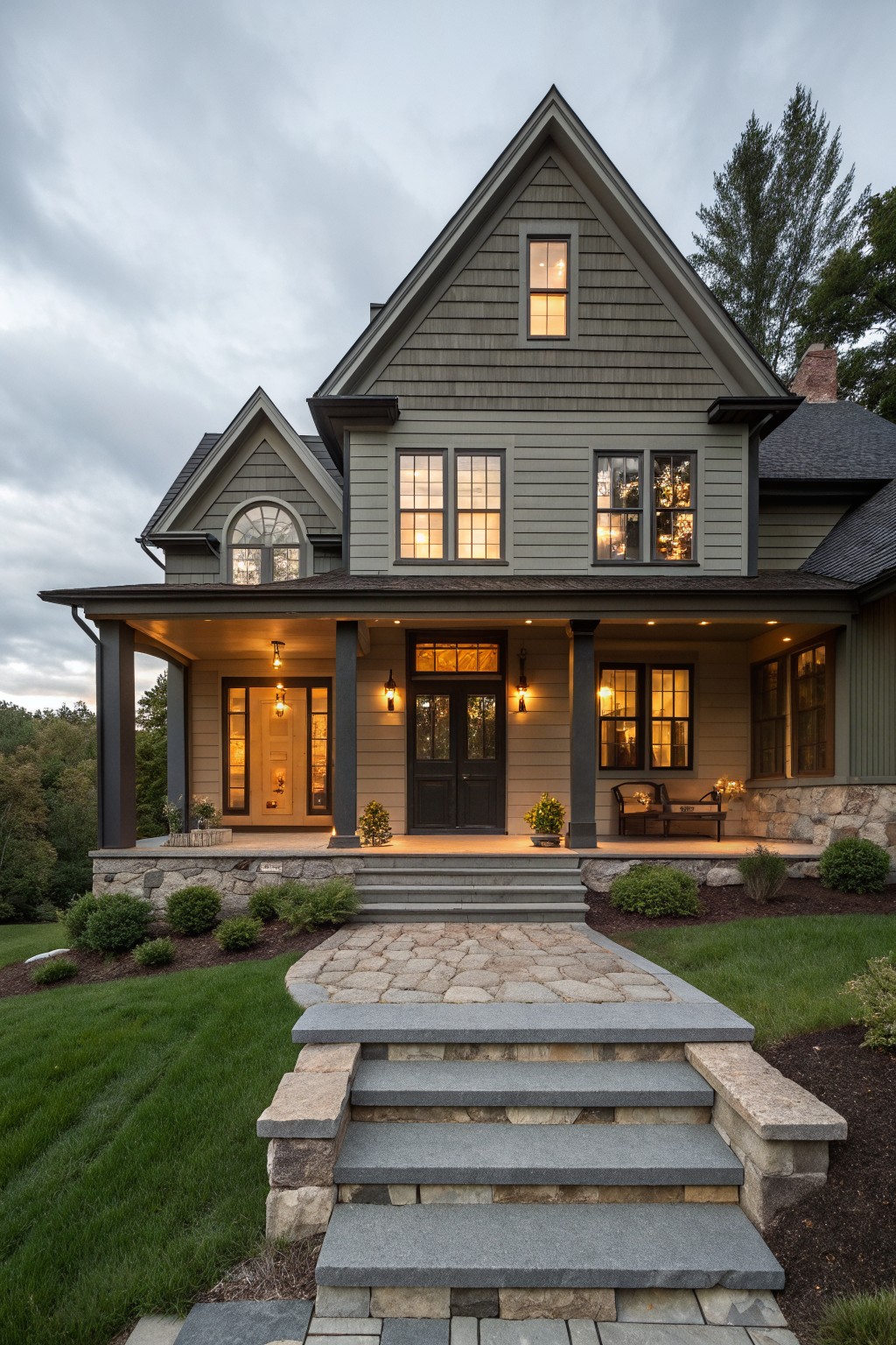 Two-story gray house with lit porch, windows, and stone steps at dusk.