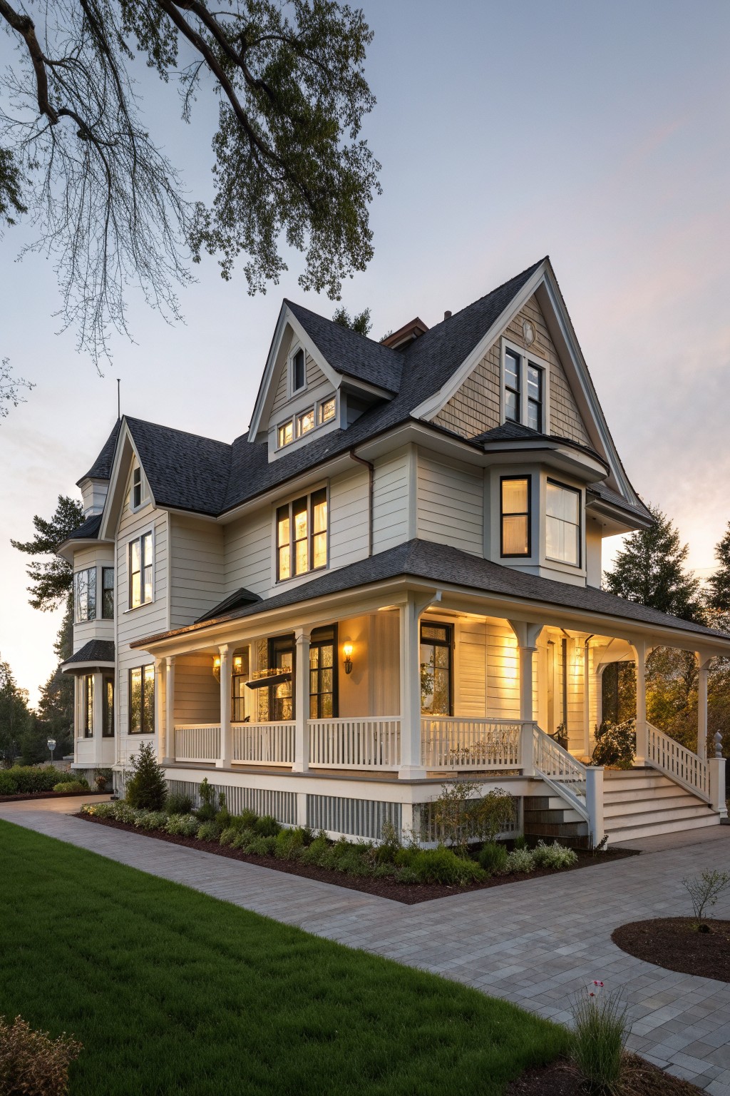 A two-story Victorian farmhouse exterior with light siding, a dark roof, multiple gables, and a large wraparound porch lit by warm exterior lights at dusk.