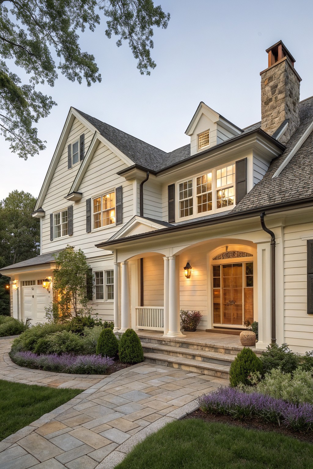 A white two-story farmhouse with dark shutters, a stone chimney, and a covered front porch supported by white columns leading to a wooden door.