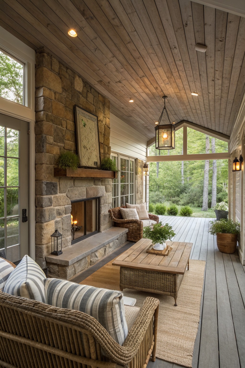 A covered farmhouse porch featuring a large stone fireplace with burning fire, wicker seating, wooden ceiling, and open view to trees.