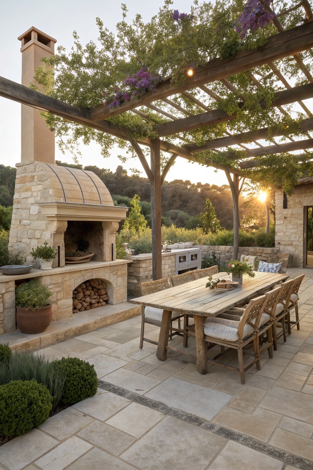 Rustic wooden dining table on stone patio under vine-covered pergola near stone oven at sunset.