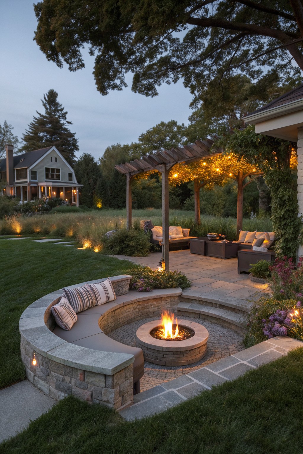 A backyard patio with a circular stone fire pit surrounded by a curved built-in bench with cushions, under a wooden pergola strung with lights, next to a country house.