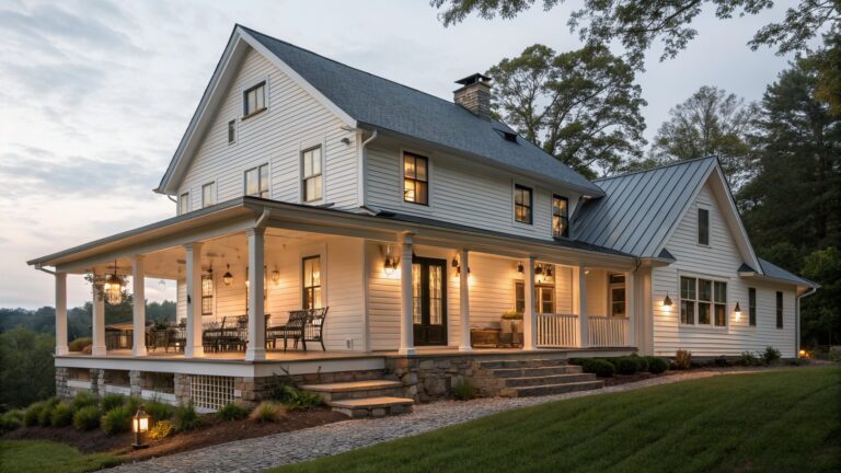 17 Charming Country Farmhouse Exteriors Built Around Classic Rural Details White two-story farmhouse exterior with dark roof, multiple gables, and a front porch supported by white columns resting on a stone foundation.