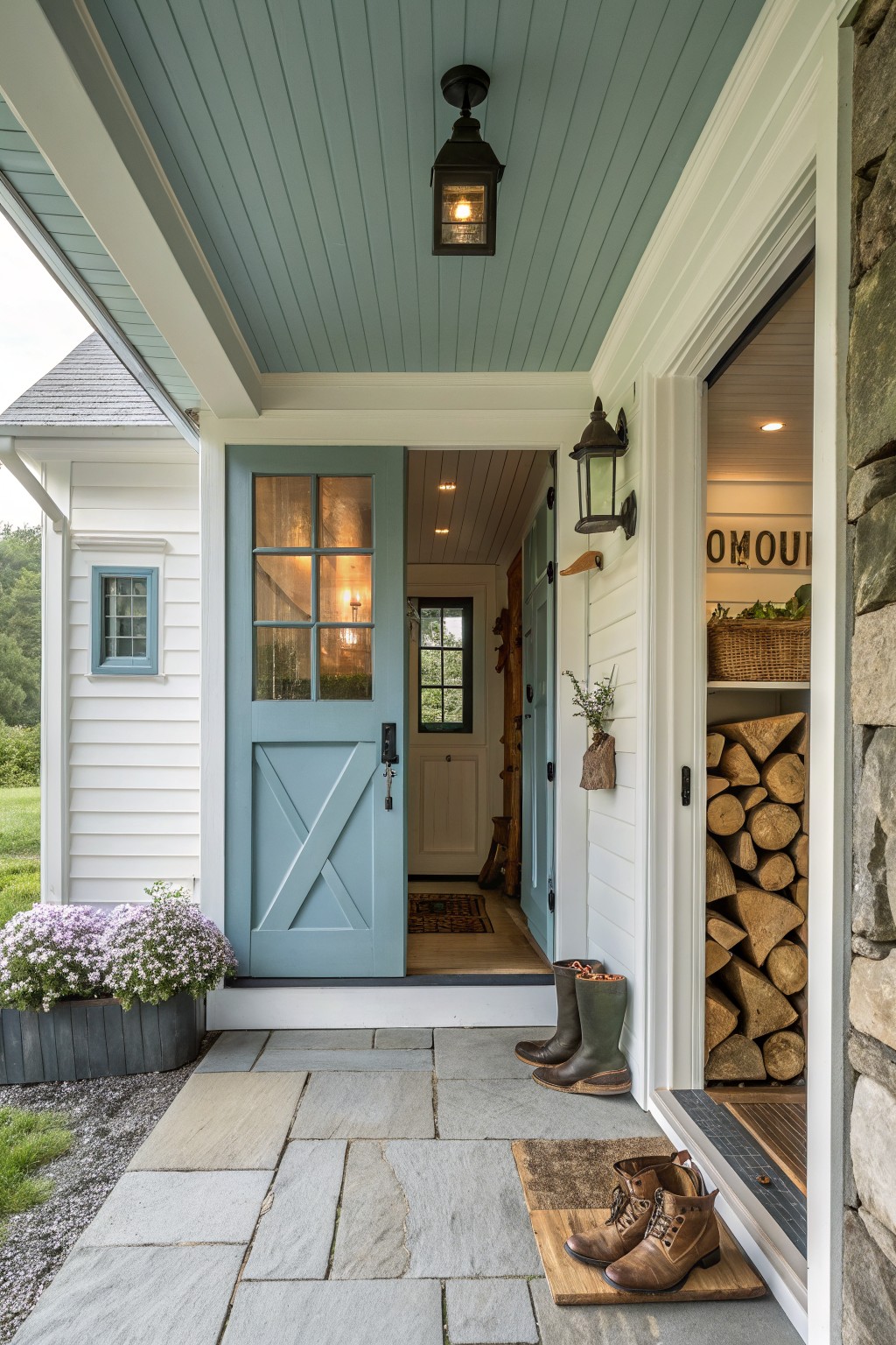 Light blue door on white porch with boots and stacked firewood