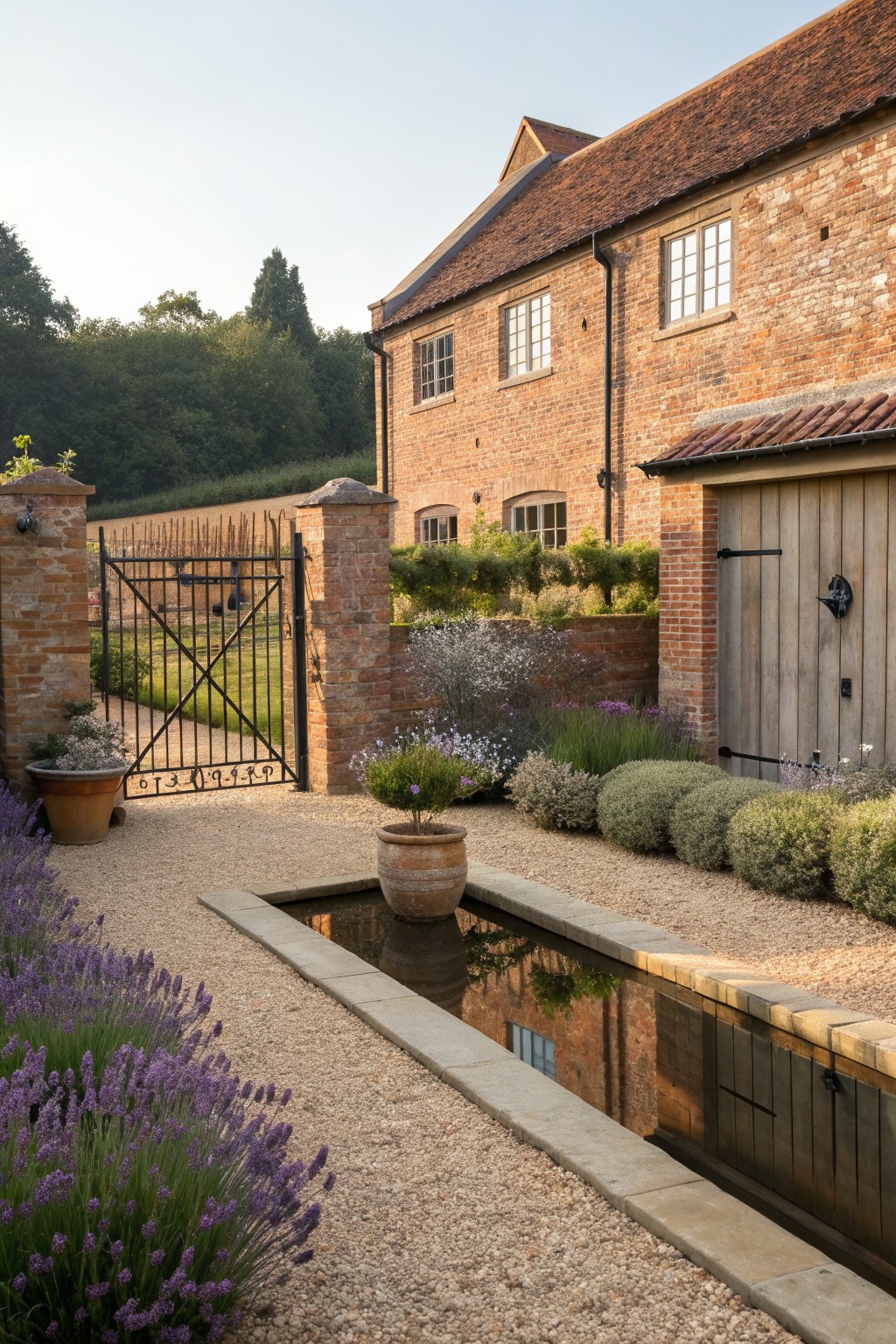 A brick farmhouse exterior with a gravel courtyard, black metal gate between brick pillars, rectangular stone-edged pond, and surrounding shrubs.