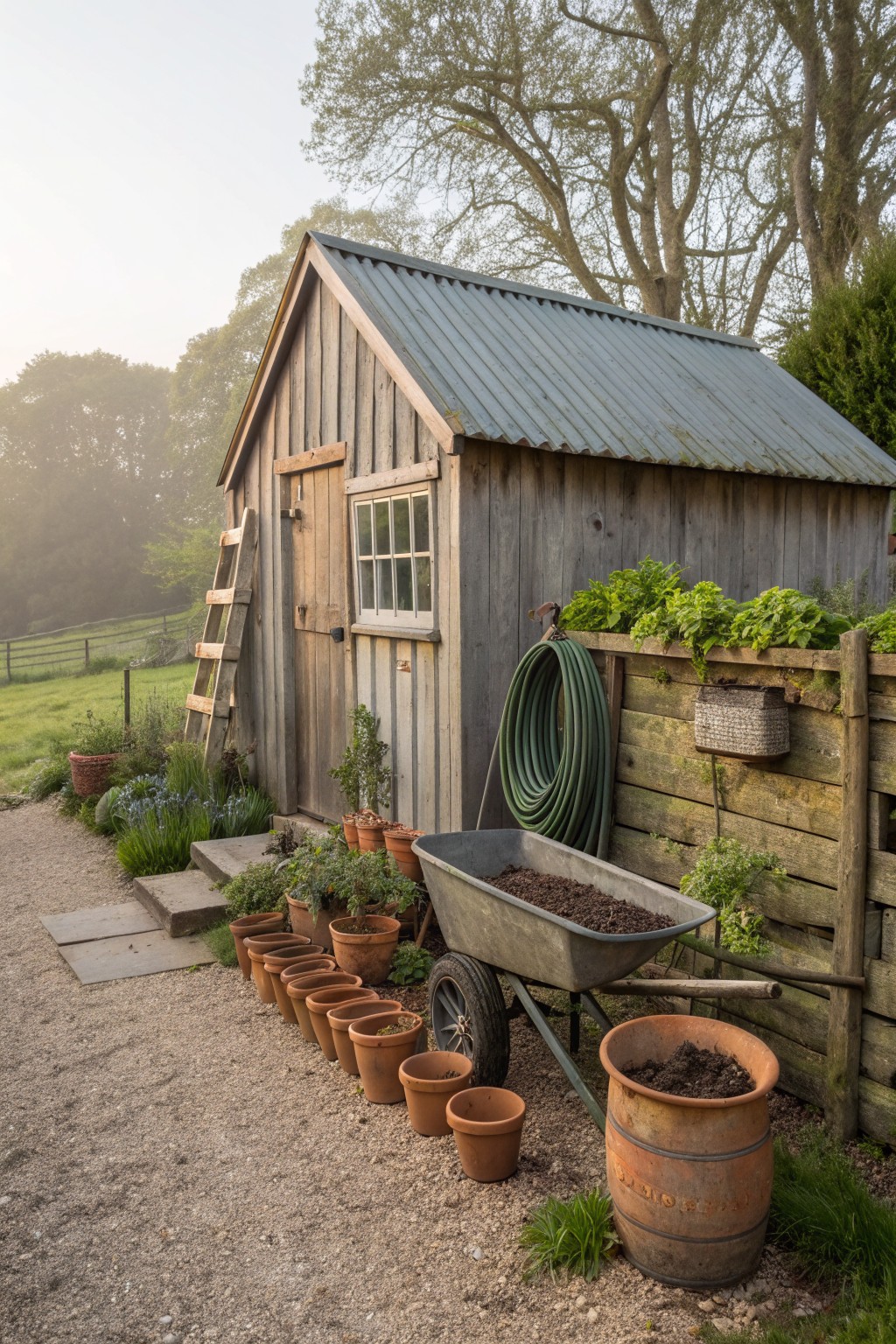 A wooden garden shed with a gray metal roof, a leaning wooden ladder, terracotta pots lined along a gravel path, a wheelbarrow filled with soil, and a coiled green hose on the side.