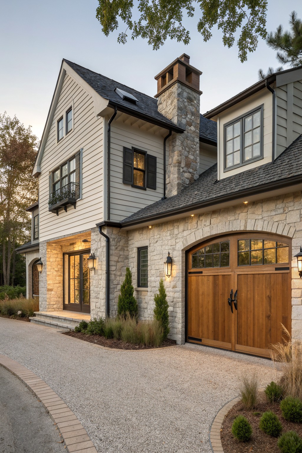 Elegant two-story house with stone facade, chimney, and wooden garage doors