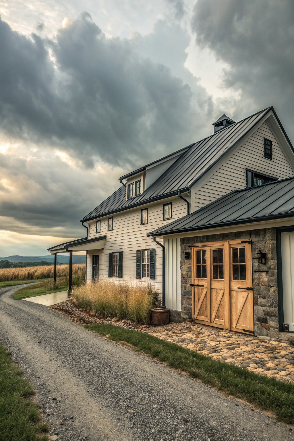 A white farmhouse exterior featuring a stone wall section with wooden double doors, black shutters, and a metal roof.