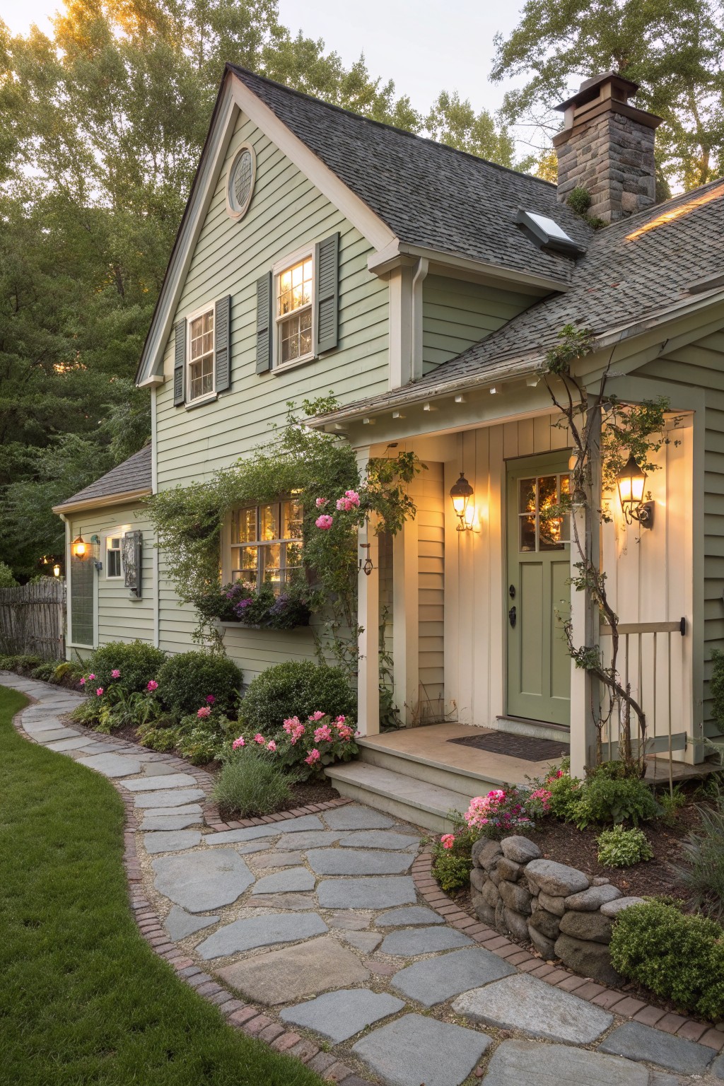 A light green two-story farmhouse with dark shutters, a green front door, and a curving stone pathway bordered by flowers and low shrubs.