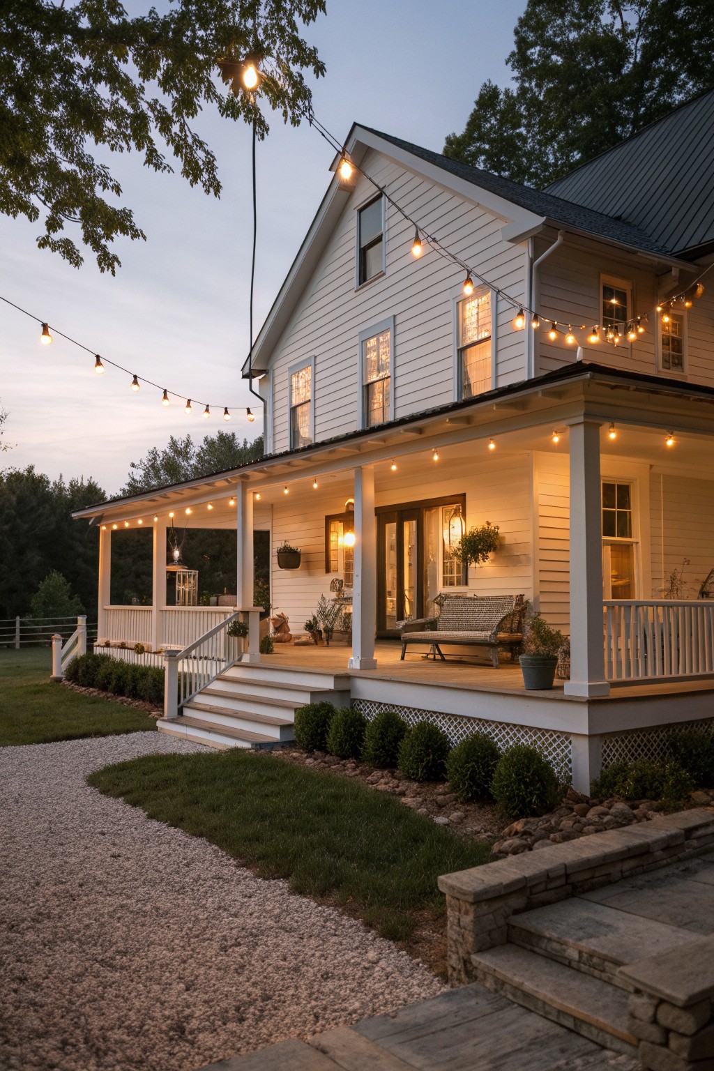 A white two-story farmhouse with a wide front porch lit by string lights at dusk, showing steps, a gravel path, and shrubs in the foreground.