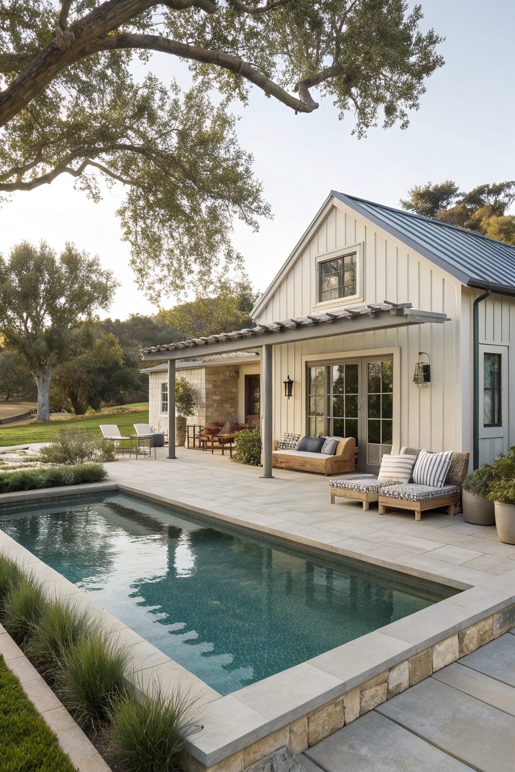 A farmhouse exterior with a stone-edged pool, a paved patio holding wooden lounge furniture, and a gray pergola extending from the house over part of the seating area.
