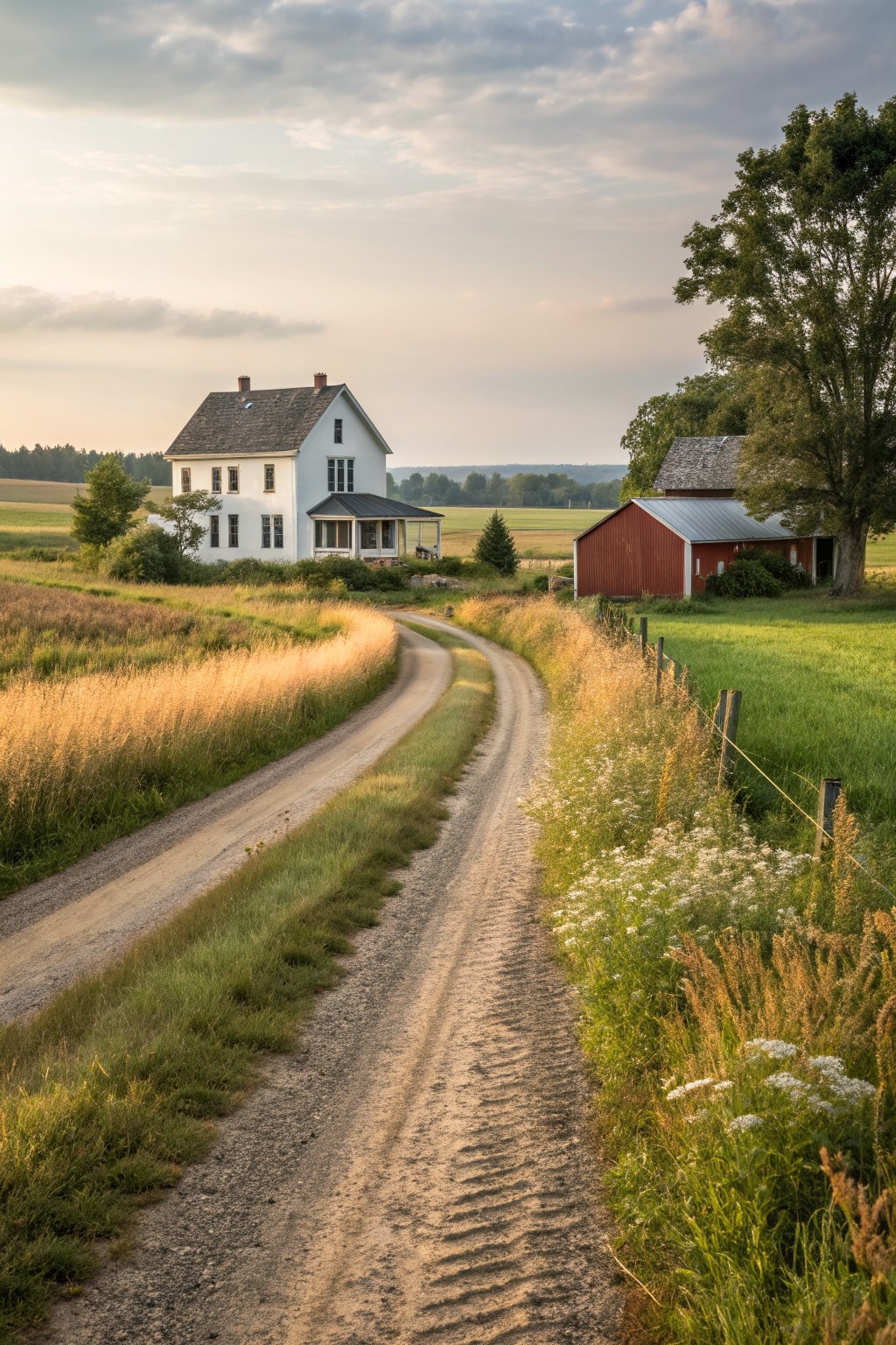 A white two-story farmhouse with a dark roof and small porch sits next to a curving dirt road, with a red barn visible to the right and fields stretching into the distance.
