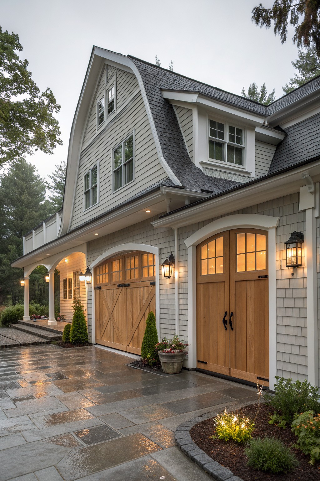 Large gray house with wooden garage doors on stone driveway at dusk