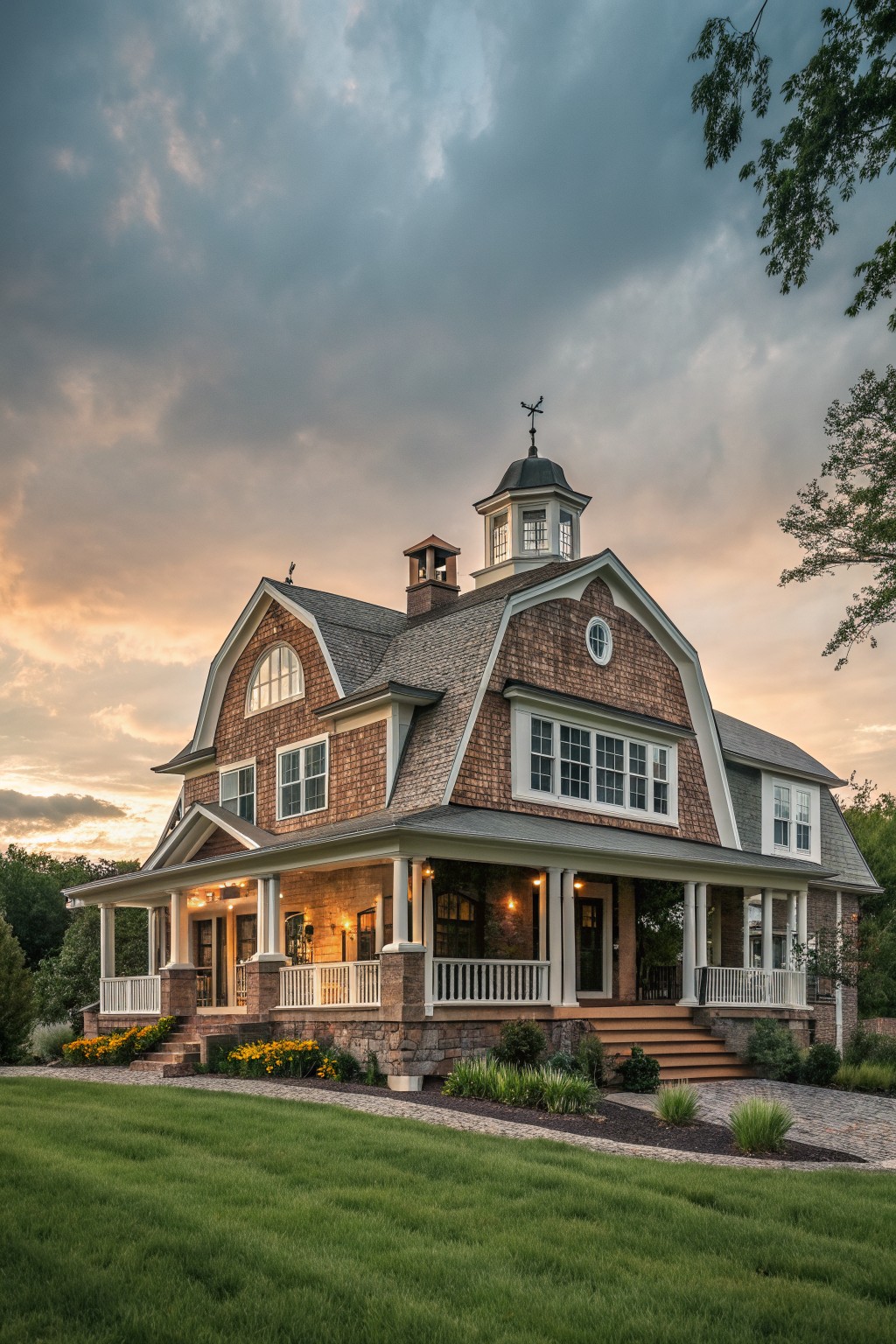 A large two-story wooden farmhouse with brown shingles, a wrap-around porch supported by white columns, a stone foundation, and a cupola on the roof at dusk.