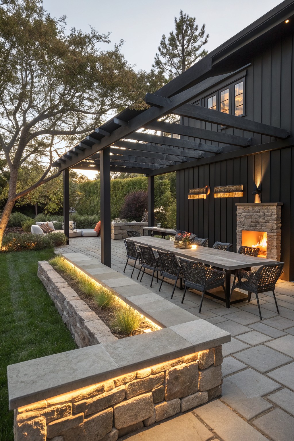 Outdoor patio dining table under pergola beside glowing stone fireplace at dusk