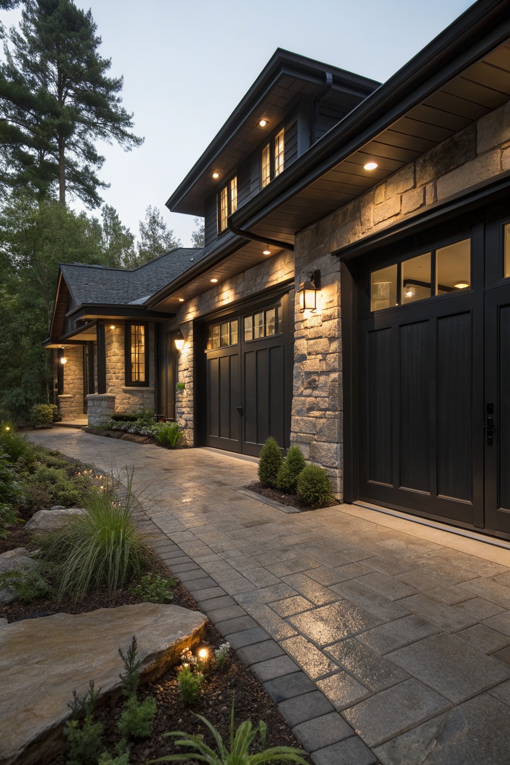A two-story house exterior featuring black garage doors and trim alongside a prominent stone wall, with a paved driveway and surrounding landscaping at dusk.