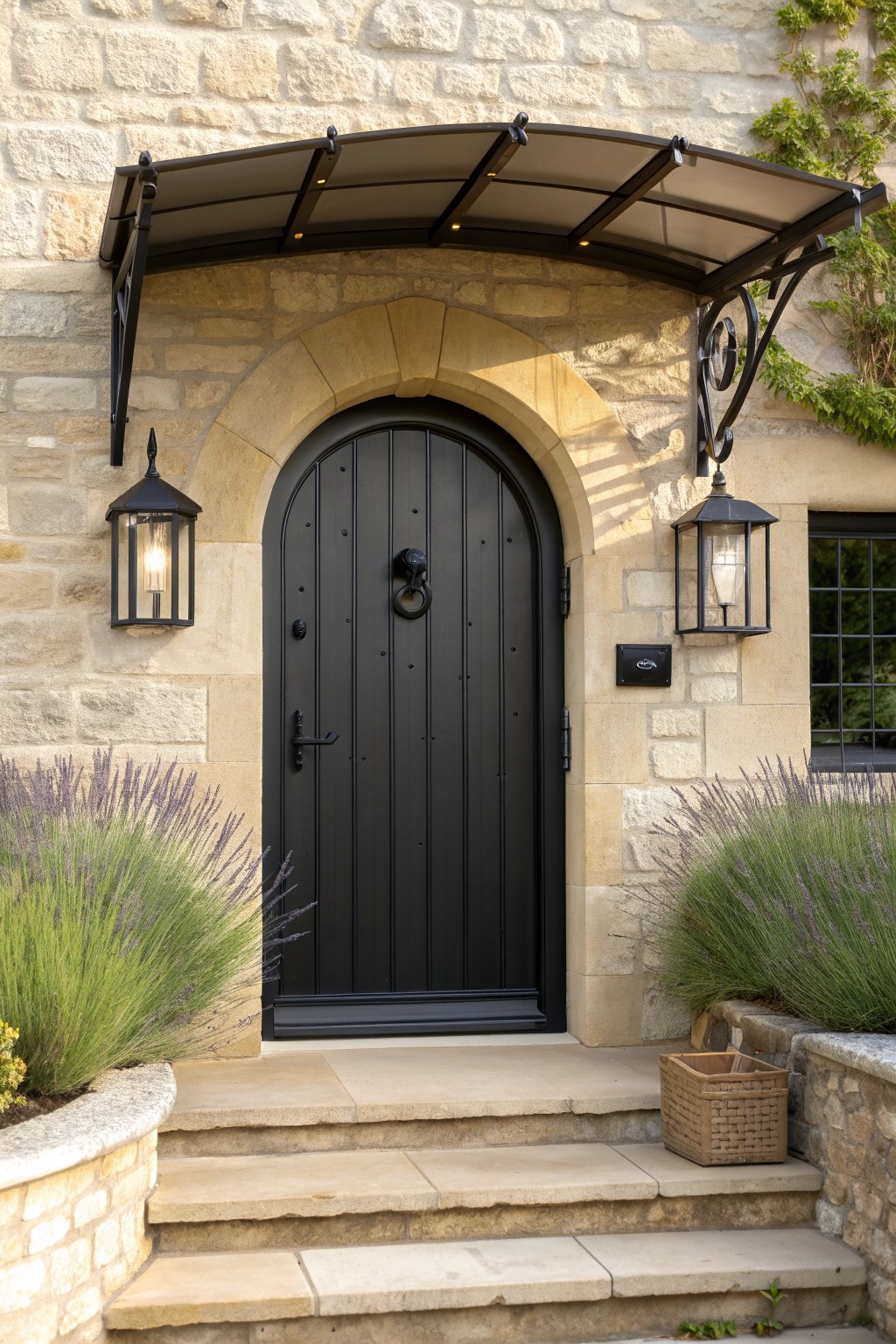 A black arched door centered in a light stone facade, flanked by two black lanterns and topped with a curved metal awning, with stone steps leading up to it.