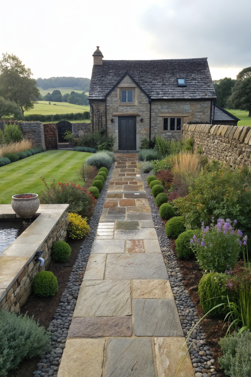 A stone house exterior with a black front door, stone pathway, and surrounding garden beds.