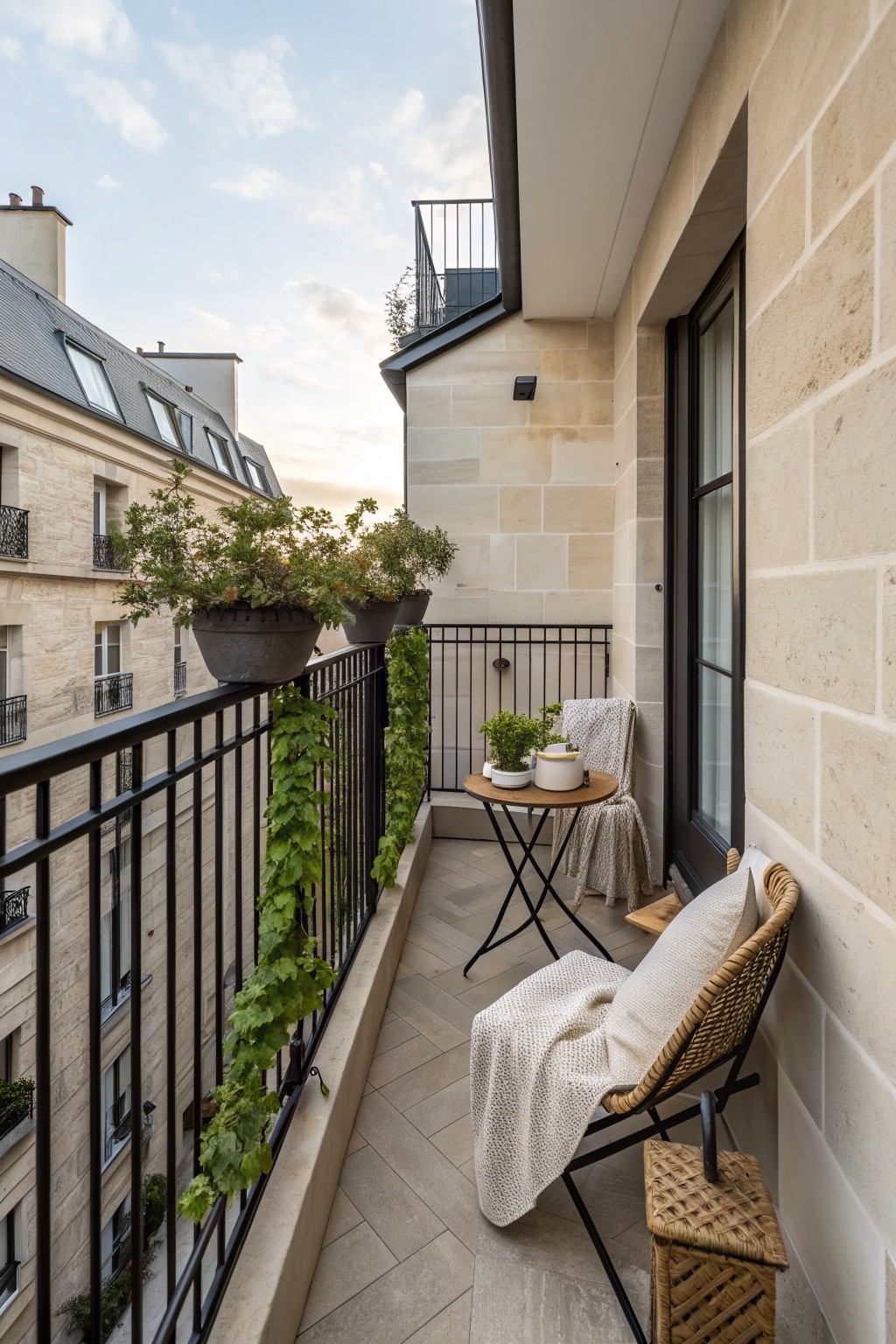 Narrow stone balcony with black metal railing, wicker chair draped with a white throw, small round table with potted plants, and glass door on the right.