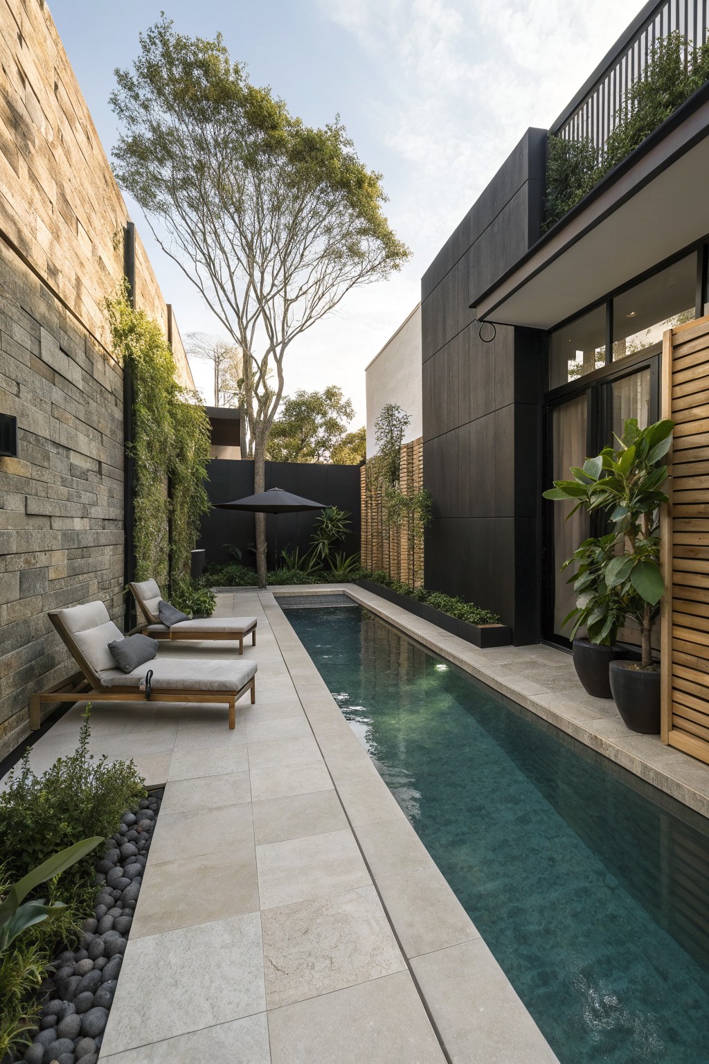 A long narrow pool sits between a tall stone wall on the left and a modern black house on the right, with two lounge chairs placed on the light stone paving.