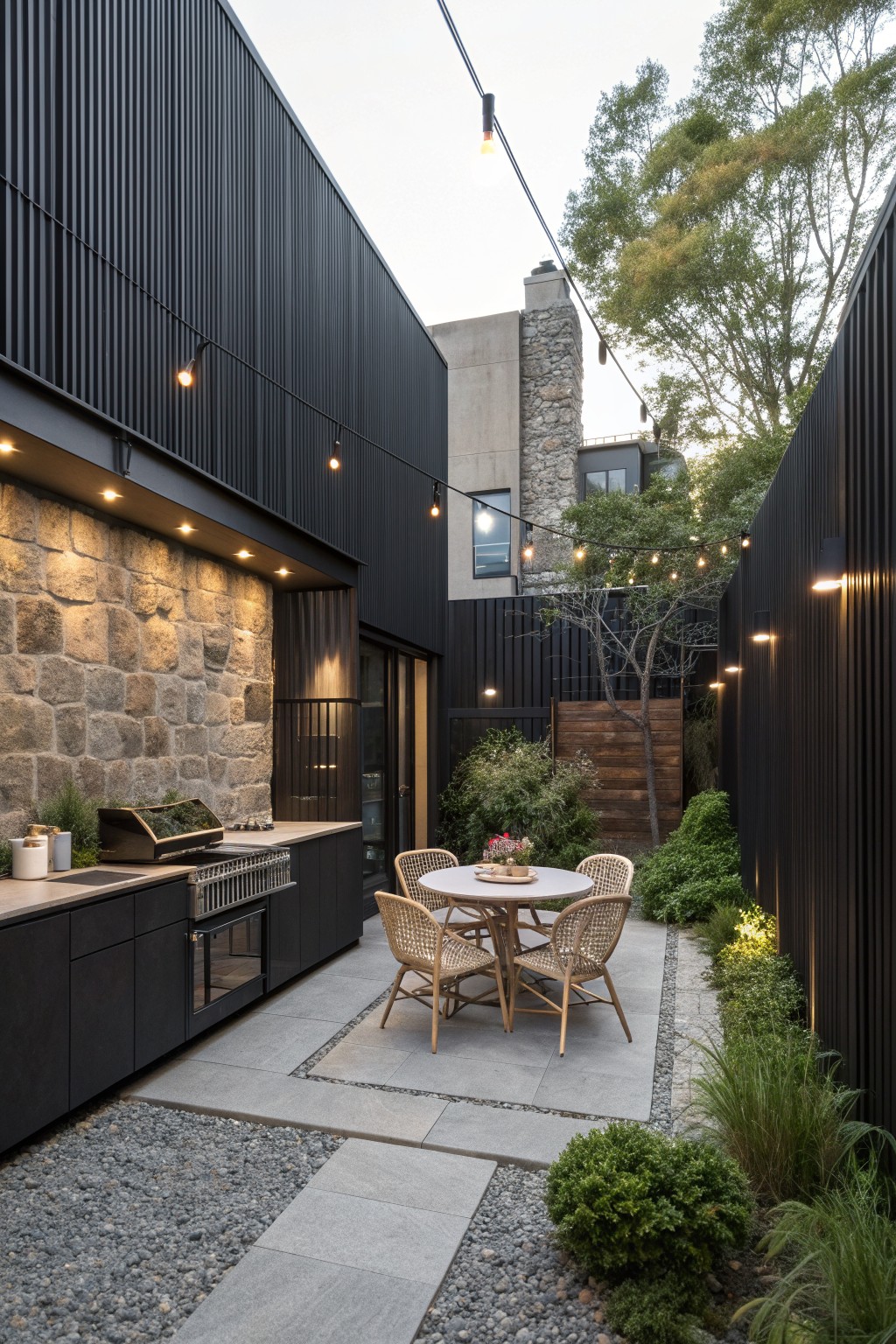 An outdoor patio with a round dining table and woven chairs, an outdoor kitchen along a stone wall, black siding on surrounding structures, and string lights overhead.