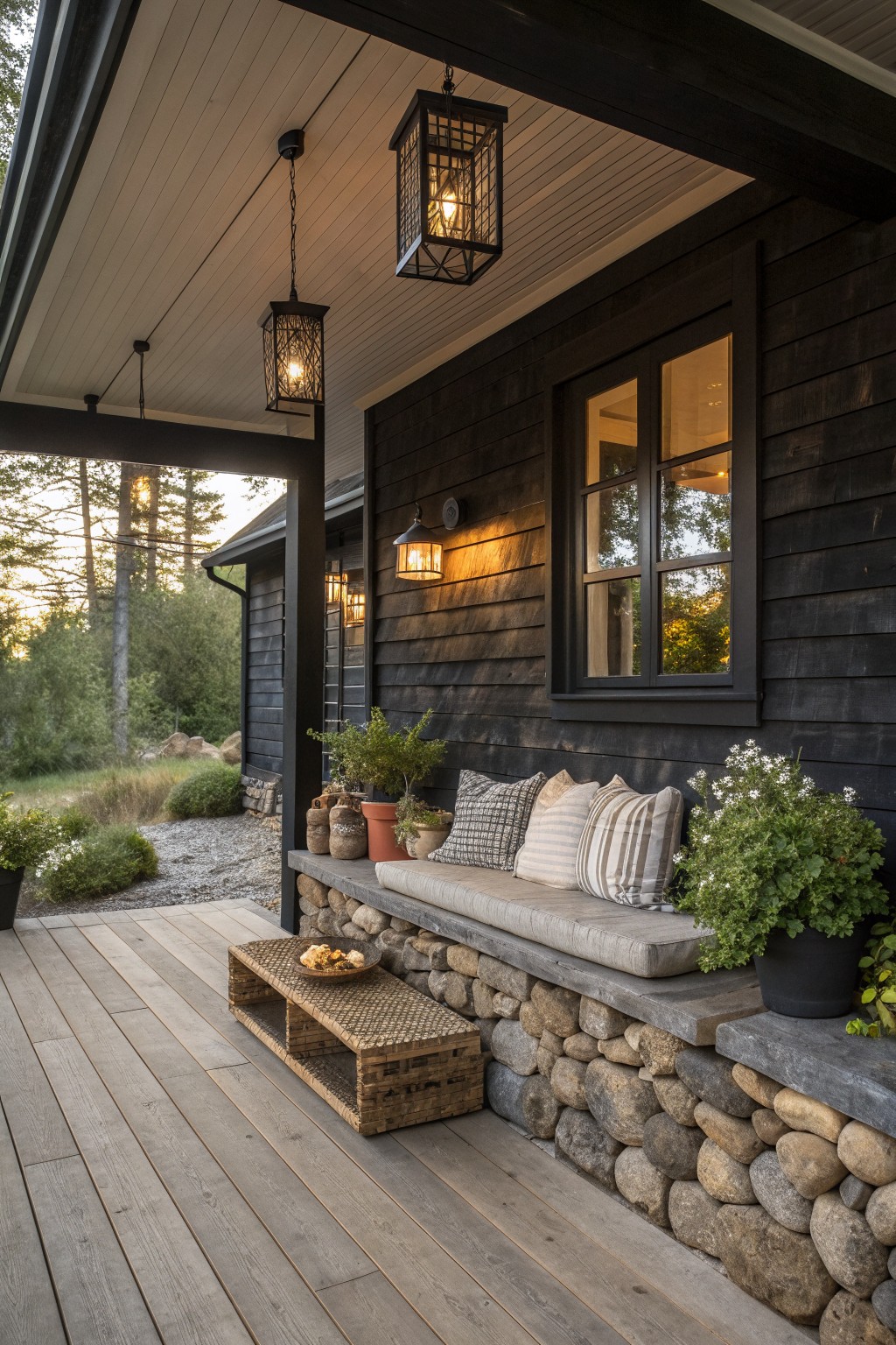 Dark wooden porch with stone bench, cushions, hanging lanterns, potted plants, and woven table