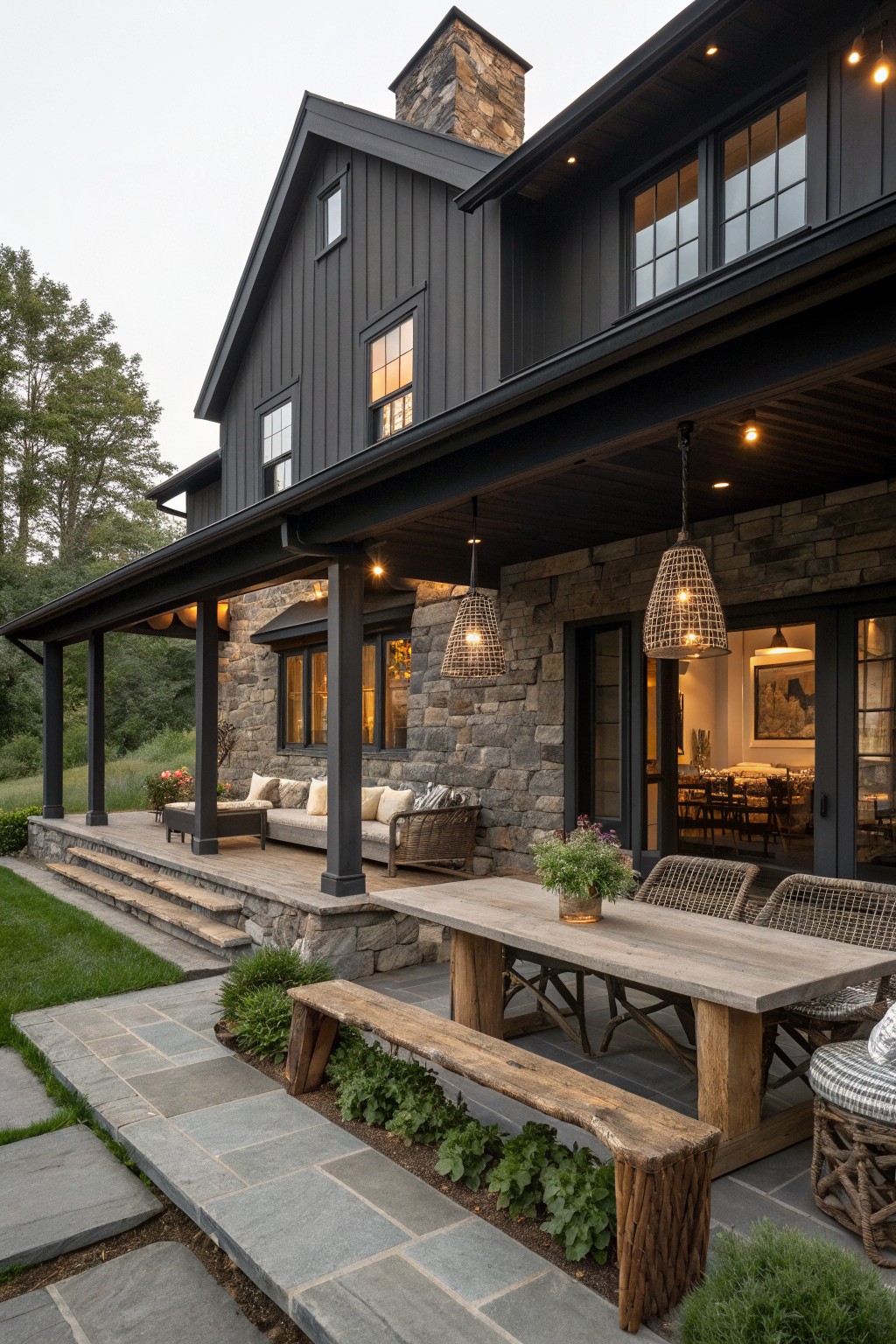 A dark gray house with stone siding has a wide covered porch holding a long wooden dining table, benches, and woven chairs next to a stone patio.