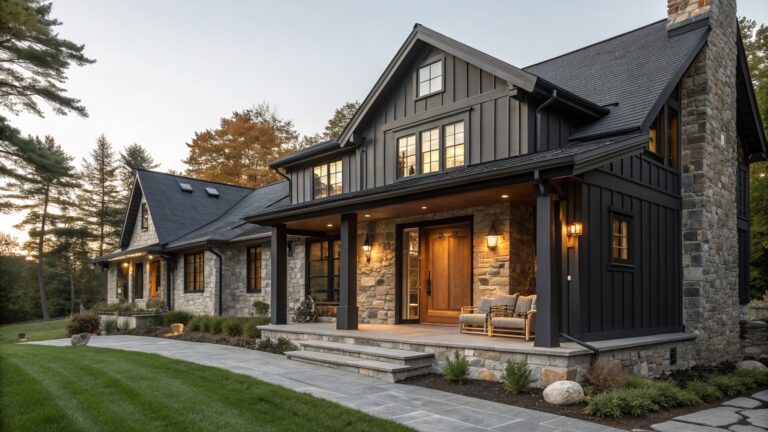 Modern black house with stone accents, wooden door, lit porch, and stone pathway.